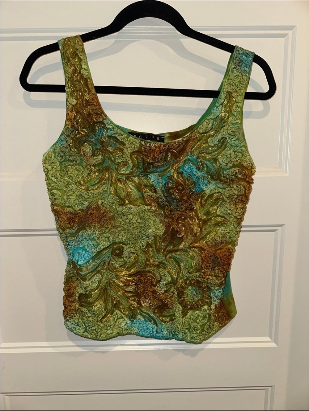Mezon Green-Brown Floral Textured Tank